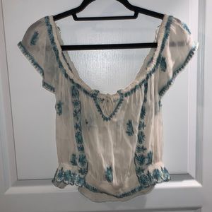 Free People Sheer Off the Shoulder Top - XS - White and Teal